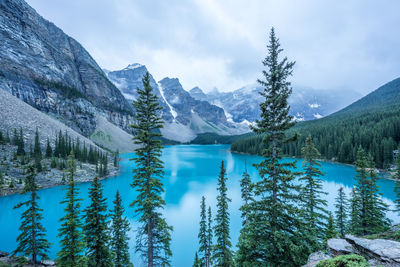 Scenic view of snow covered mountains against cloudy sky