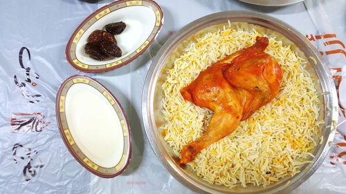 High angle view of food in plate on table