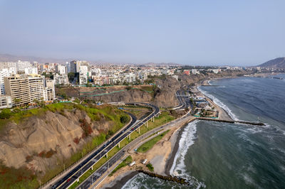 Aerial view of la costa verde and the miraflores boardwalk in lima. peru.