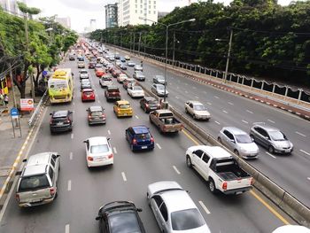 High angle view of cars on street in city