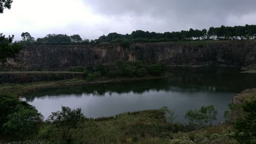 Scenic view of lake against cloudy sky