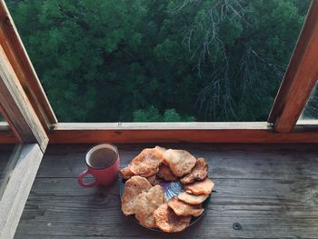 High angle view of breakfast on table