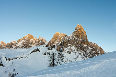 Snowcapped mountains against clear blue sky