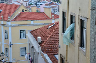 High angle view of residential buildings in town