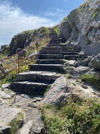 Staircase leading towards temple against sky