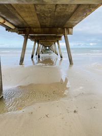 Pier on sea shore against sky