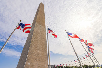 Low angle view of flag flags against sky