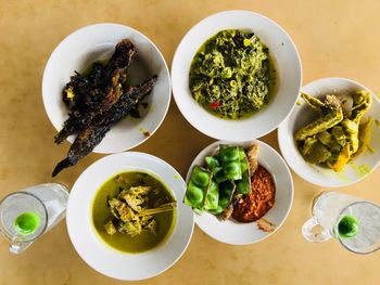 High angle view of meal served on table