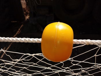 Close-up of yellow rope tied on metal