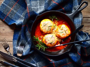 Directly above shot of food in cooking pan on table