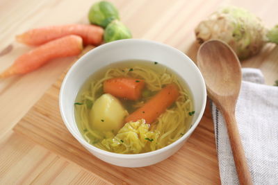 Close-up of soup in bowl on table