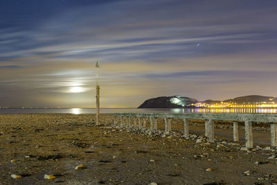 Scenic view of sea against sky, beach in foreground.