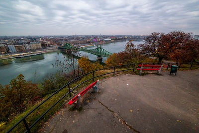 High angle view of bridge over river in city against sky