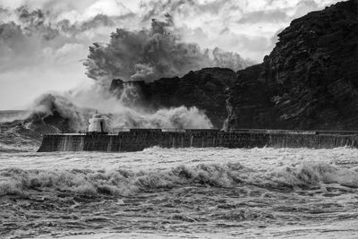 Stormy waves battering the pier at portreath
