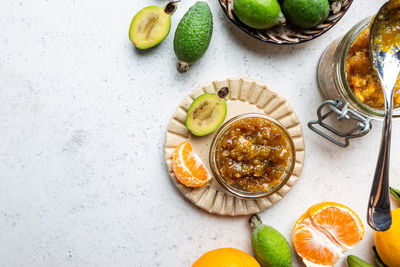 High angle view of fruits on table