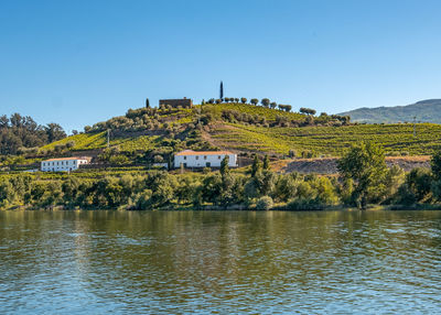 Scenic view of lake by buildings against clear blue sky