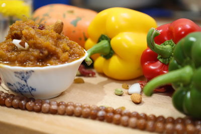 Close-up of chili peppers in bowl on table