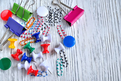 High angle view of thumbtack on table