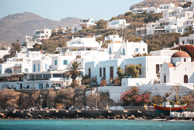 Buildings in city mykonos greece near the sea