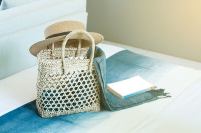 High angle view of hat on table at home