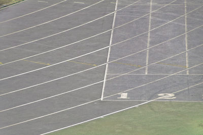 High angle view of empty running track in stadium 