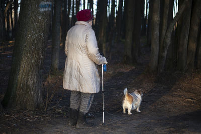 Dog standing on street amidst trees in forest