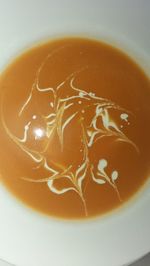 High angle view of soup in bowl on table