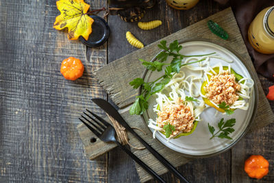 High angle view of vegetables on table