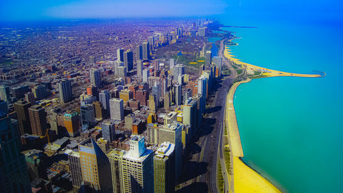 High angle view of modern buildings in city