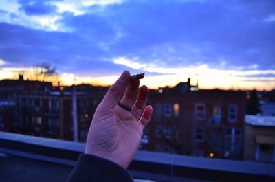 Person holding marijuana against buildings in city at sunset