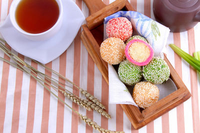 High angle view of tea served on table