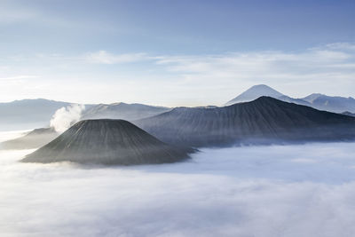 View of volcanic mountain against cloudy sky