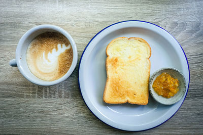 Directly above shot of breakfast served on table