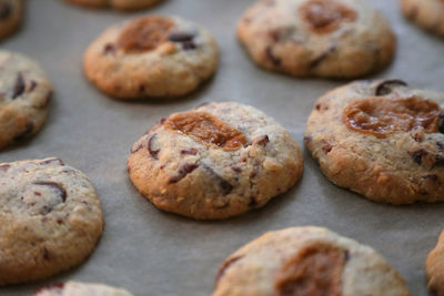 High angle view of cookies on baking sheet