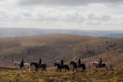 People riding horses on landscape against sky