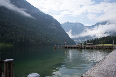 Scenic view of lake and mountains against sky