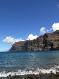 Scenic view of sea and mountains against sky