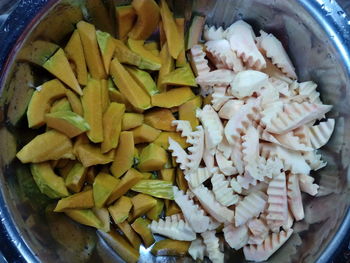 High angle view of chopped vegetables in bowl