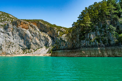 Scenic view of sea against clear blue sky