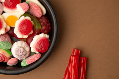 High angle view of fruits in plate on table