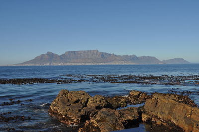 Scenic view of sea against clear blue sky