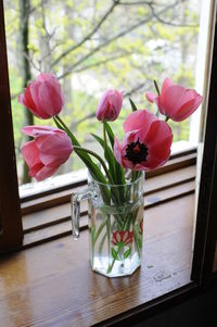 Close-up of pink flowers in vase on table