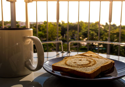 Close-up of breakfast served on table