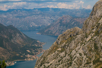 High angle view of river amidst mountains against sky