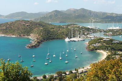 High angle view of sailboats in sea