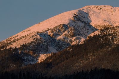Scenic view of snowcapped mountain against sunset