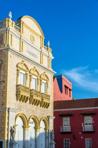 Low angle view of historic teatro heredia against sky