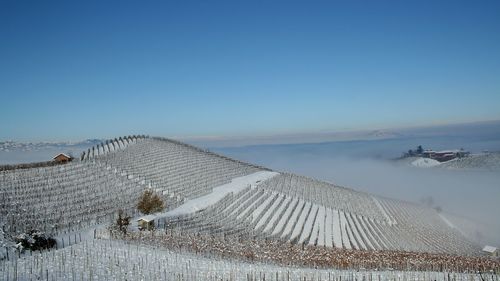 Panoramic view of sea against clear blue sky