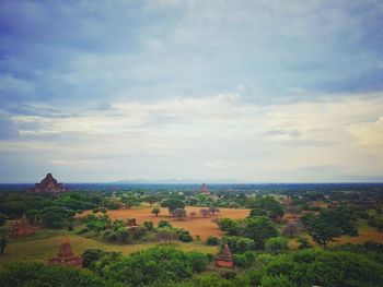 High angle view of historic temples on field against sky