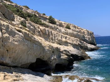 Rock formations by sea against clear sky